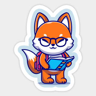 Cute Fox Holding Book With Backpack Cartoon Sticker